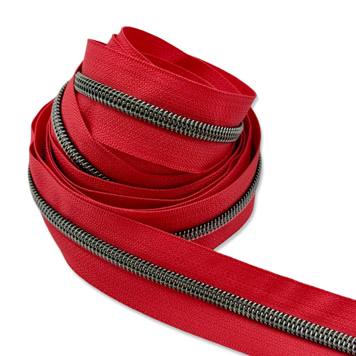 Bright Red  | #5 Black Nickel Zipper by the Yard - 3 Yard Singles