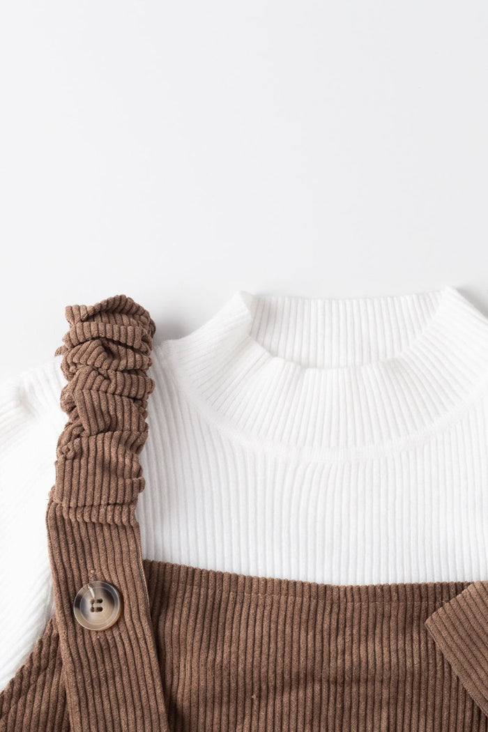 Brown Corduroy Pinafore Dress with White Ribbed Turtleneck Sweater Set - DAStyle