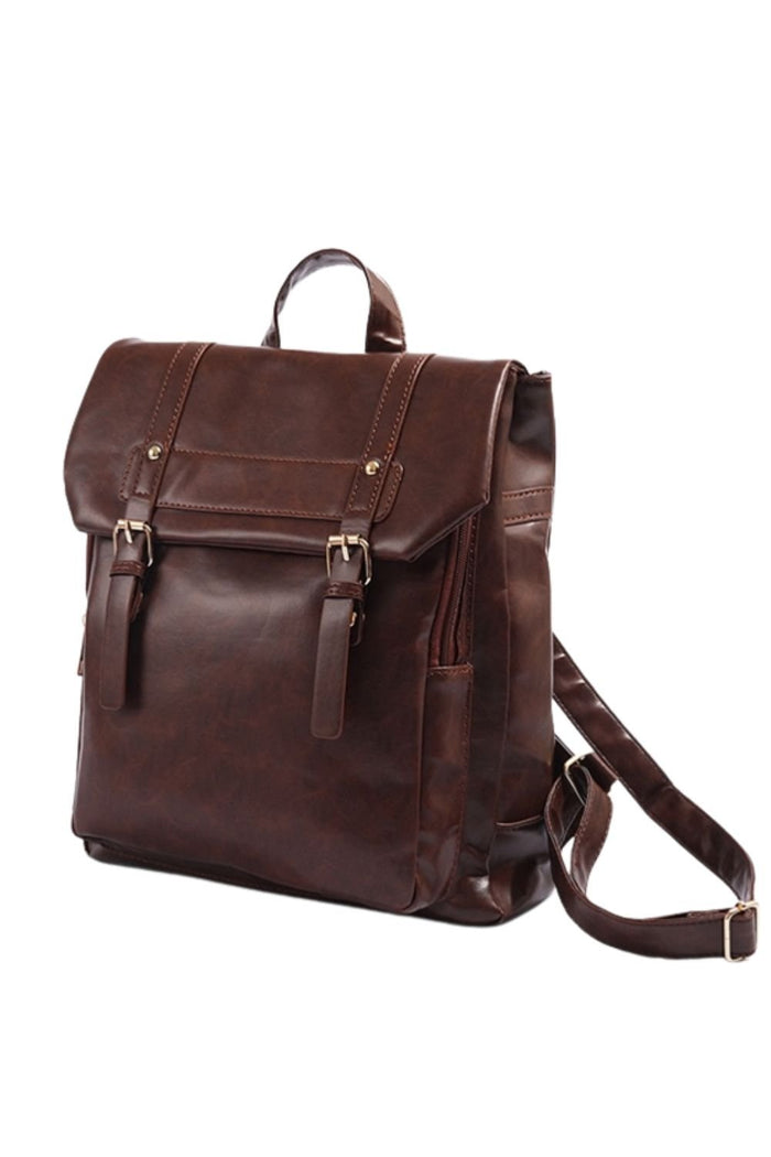 Brown Leather Backpack with Buckle - DAStyle