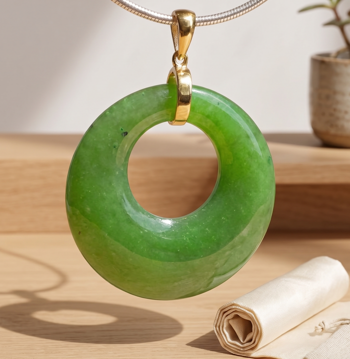 Green jade pendant with gold chain on a wooden surface