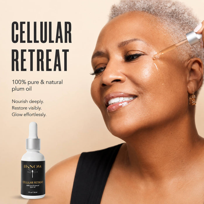 Woman applying skincare product with 'Cellular Retreat' text and product on beige background
