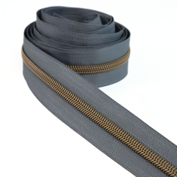 Charcoal Gray | #5 Antique Gold Zipper by the Yard - 3 Yard Singles
