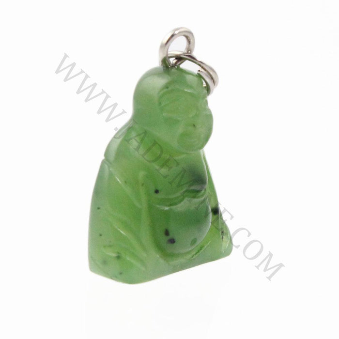 Side view of a green Buddha stone charm with a metal bail at the top
