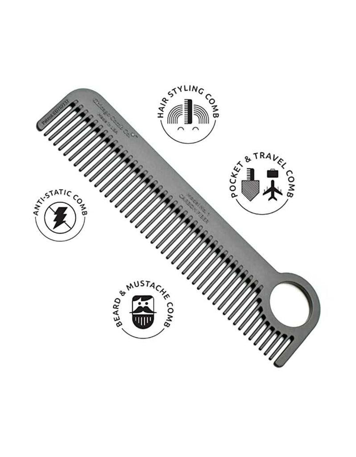 Carbon fiber hair comb with ergonomic handle, anti-static, portable design, featuring icons for hair styling, travel, and beard grooming