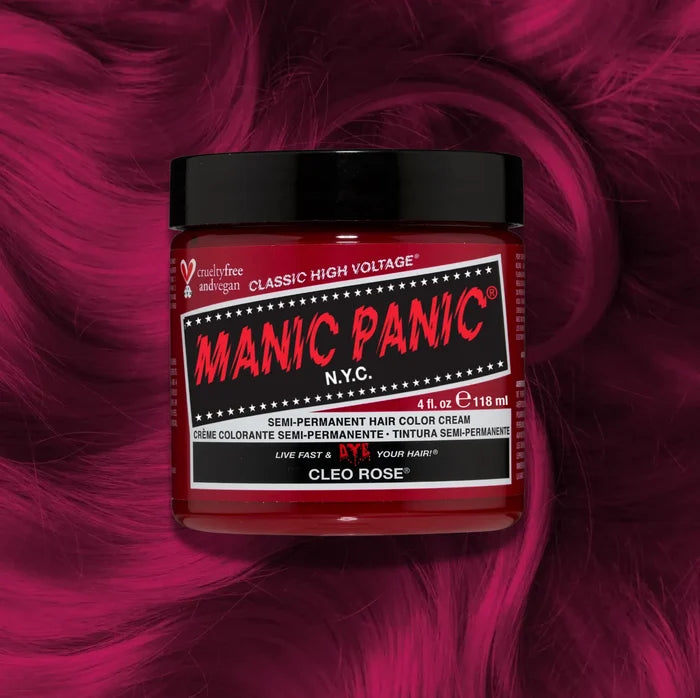 Manic Panic Classic High Voltage semi-permanent hair dye in shade Cleo Rose a vibrant, vegan hair color. Image shows a jar of Cleo Rose hair dye placed on top of a wavy magenta hair swatch.