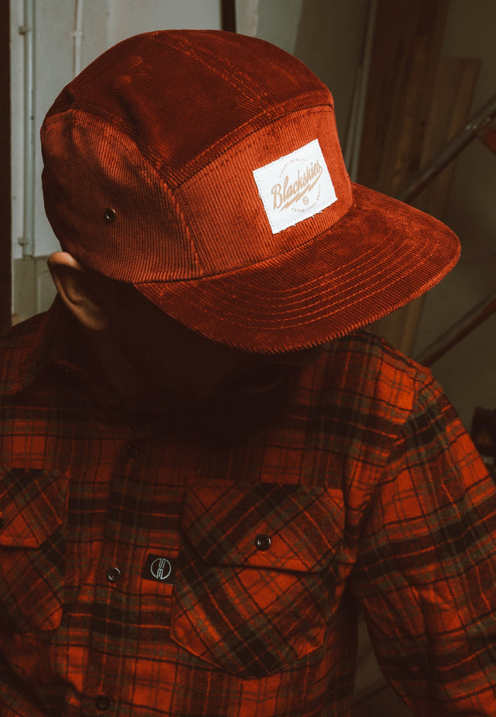 Blackskies-Crimson-5-Panel-Cap-Ruby-Cord-Hat-Model