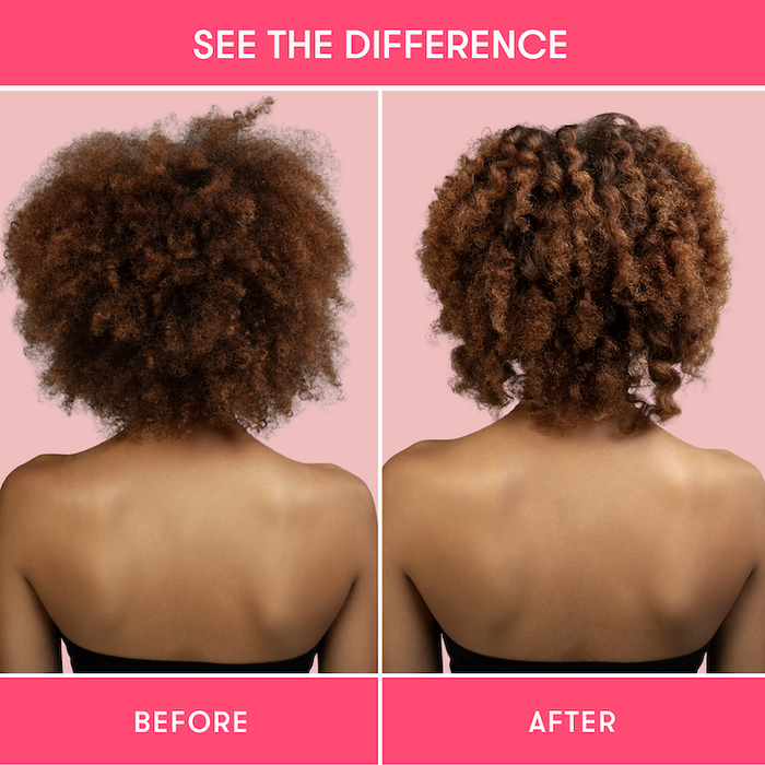 Before and after comparison showing hair before and after using HiBAR shampoo and conditioner bars.