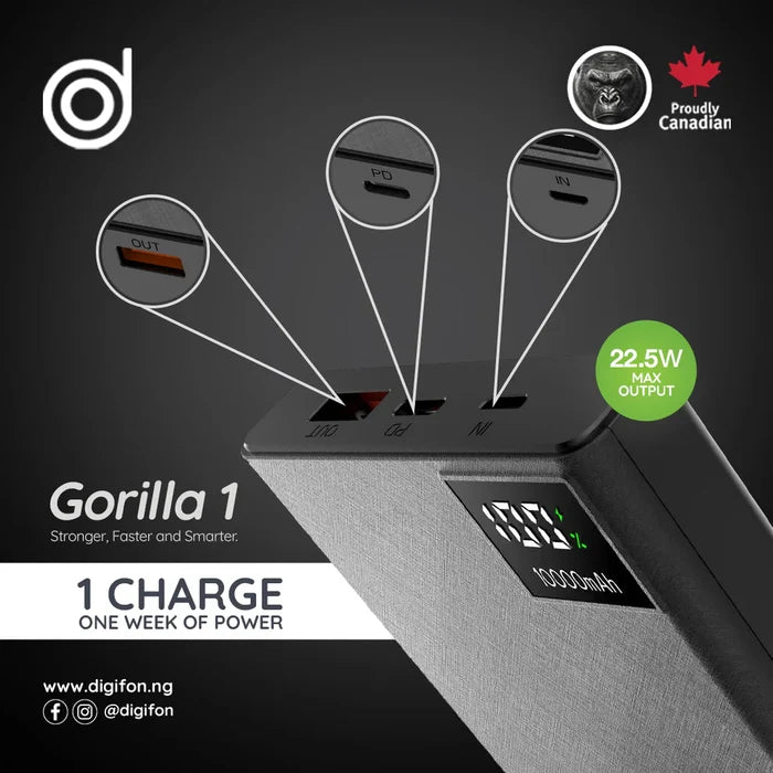 Digifon Gorilla 22.5W 10000mAh Digital Power Bank – Black - Image 3 - Office R Us