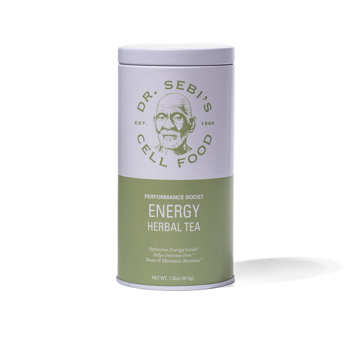 Dr. Sebi's Performance Boost Energy Herbal Tea in a cylindrical container with green and lavender labeling, 1.32oz net wei...