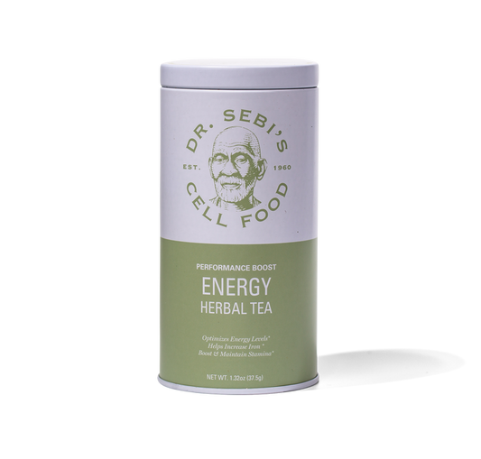 Dr. Sebi's Performance Boost Energy Herbal Tea in a cylindrical container with green and lavender labeling, 1.32oz net wei...