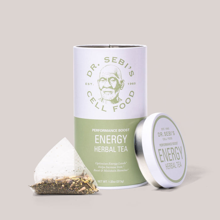 Dr. Sebi's Performance Boost Energy Herbal Tea with loose tea bag and container displayed against neutral background.