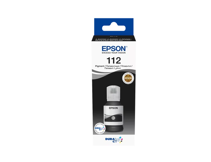 Packaging of Epson 112 EcoTank Black Original Ink Bottle with product details and compatibility information.