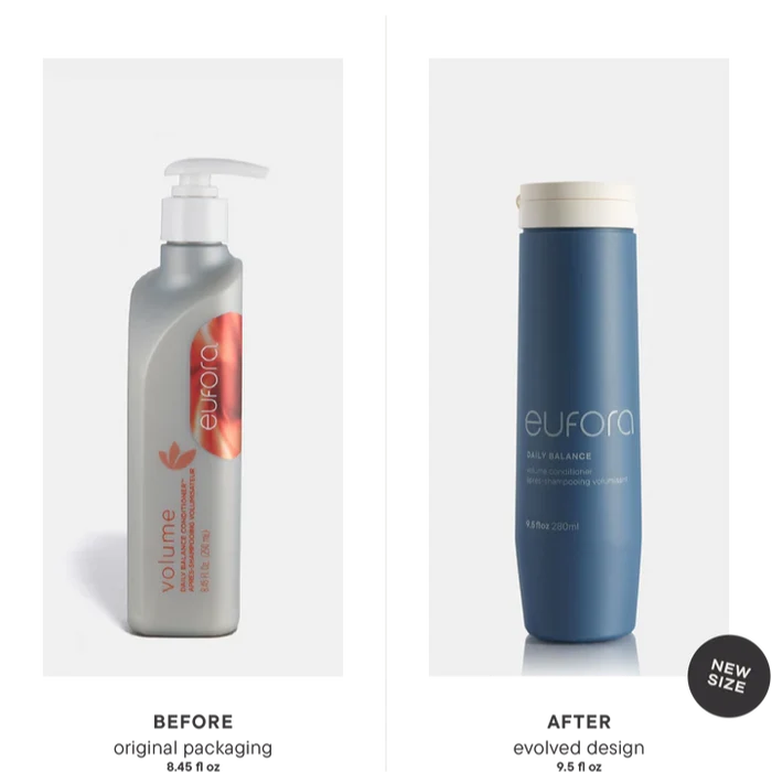 Old packaging vs. new design for Eufora Daily Balance Volume Conditioner, showcasing updated branding and bottle style.