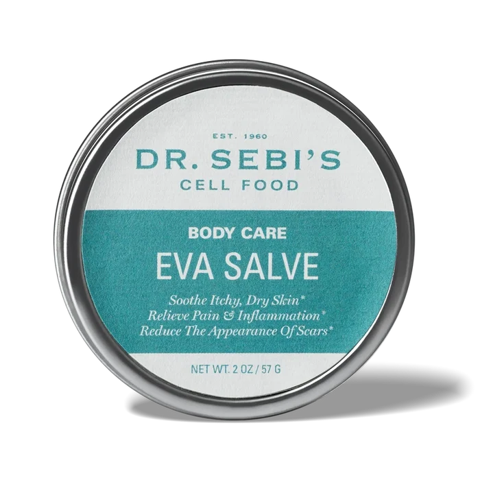 Dr. Sebi's Cell Food Eva Salve in a tin container for soothing itchy, dry skin and reducing scars.