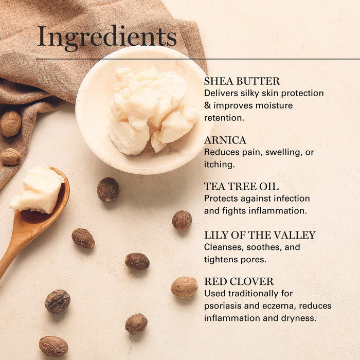 Ingredients display for natural skincare with shea butter, arnica, tea tree oil, lily of the valley, and red clover on neu...
