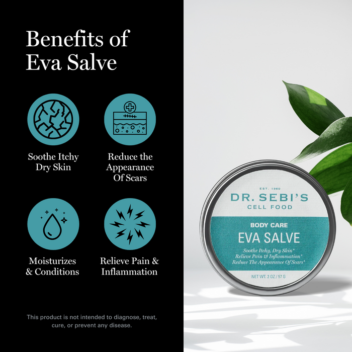 Dr. Sebi's Cell Food Eva Salve tin with green leaves, highlighting benefits for itchy skin, scars, moisturizing, and infla...
