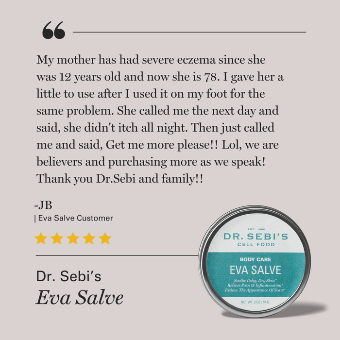 Customer testimonial for Dr. Sebi's Eva Salve with five-star rating praising relief from severe eczema.