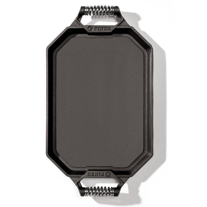 Top view of FINEX 18″ Double Burner Cast Iron Griddle displayed on a white background