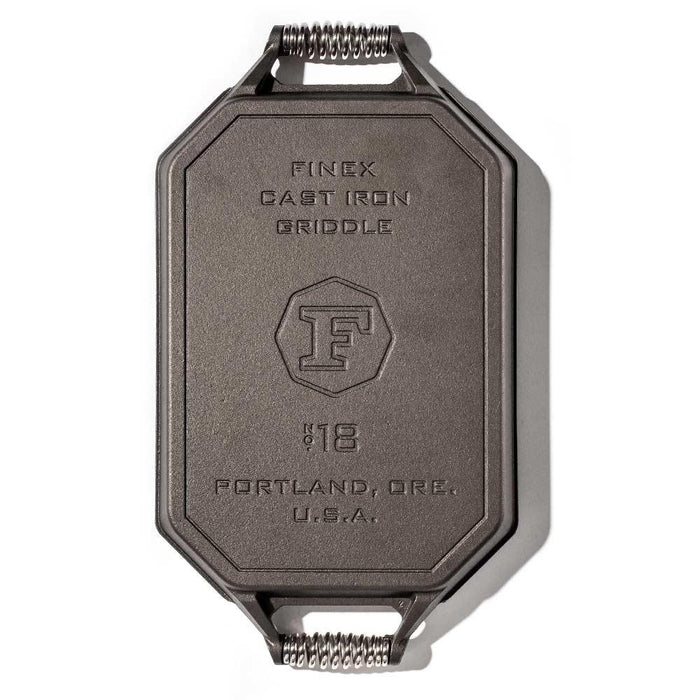 Bottom view of FINEX 18″ Double Burner Cast Iron Griddle displayed on a white background