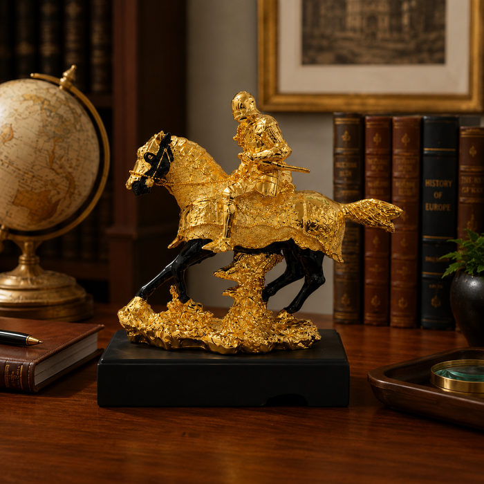 golden resin knight statue designed for home or office decor
