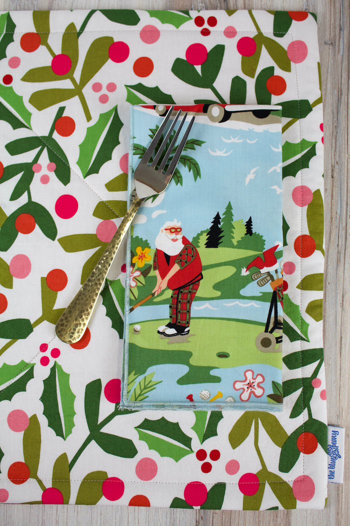 Golfing Santa Napkins (Set of 4)-The Blue Peony-Category_Napkins,Category_Table Linens,Color_Aqua,Department_Kitchen,Material_Cotton,Theme_Christmas,Theme_Tropical
