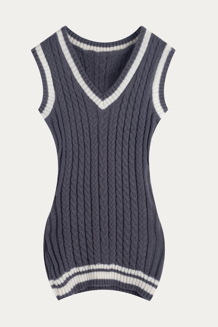 Grey Cable Knit V-Neck Sweater Vest Dress