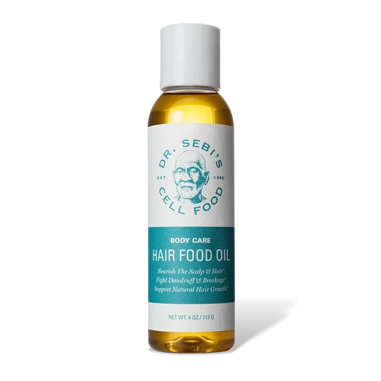 Dr. Sebi's Hair Food Oil in a 4 oz bottle with golden oil and teal label for scalp and hair nourishment.