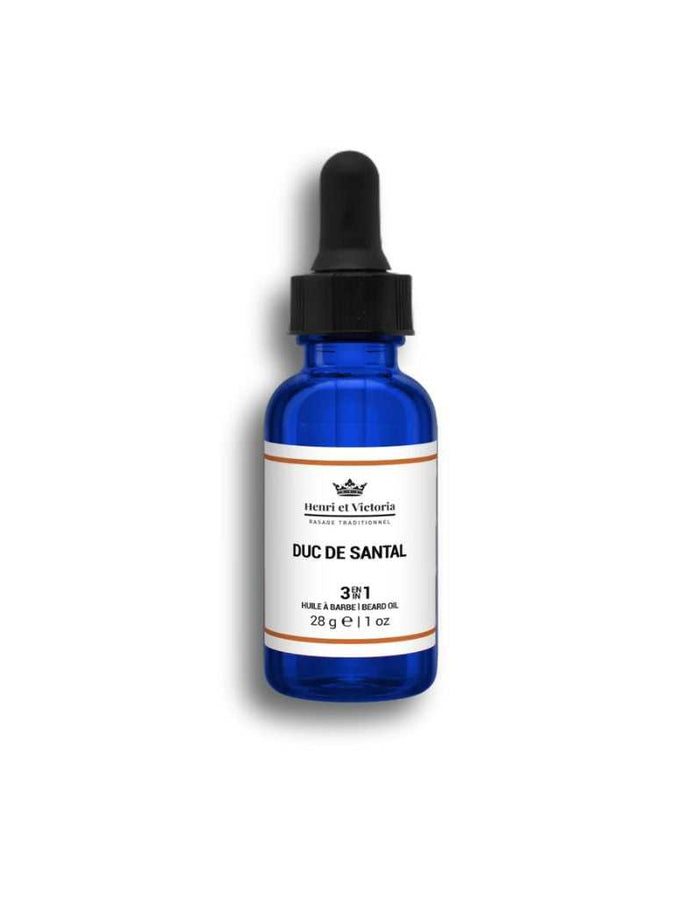 Henri Et Victoria Duc de Santal beard oil in blue glass bottle with dropper