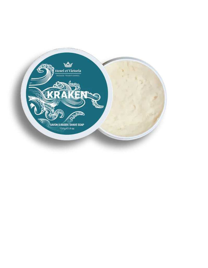 Henri Et Victoria Kraken shaving soap tin with ocean-themed label