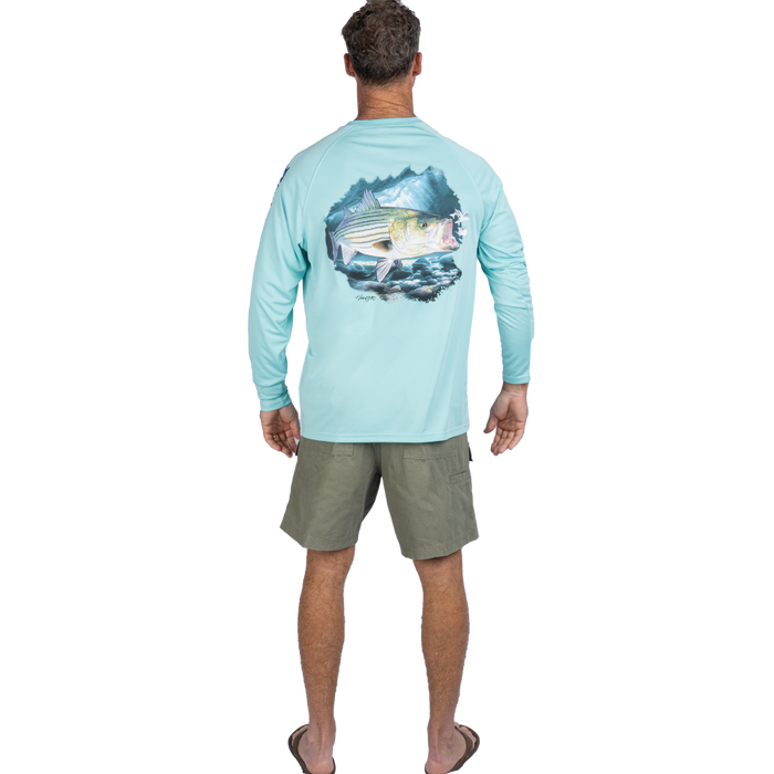 Hook M' Men's Long Sleeve Shirt - Striped Bass 4 Aqua