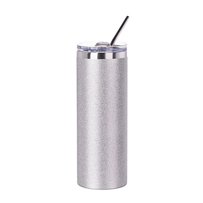 HPN SubliCraft 20 oz. Glitter Silver Sublimation Stainless Steel Skinny Tumbler with Straw - HeatPressNation