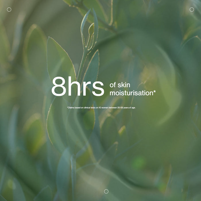 Text '8hrs of skin moisturisation' on a green leafy background
