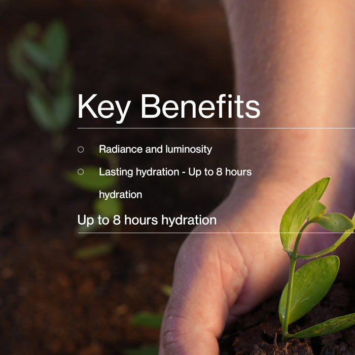 Hand holding a small plant with text about key benefits on a blurred natural background