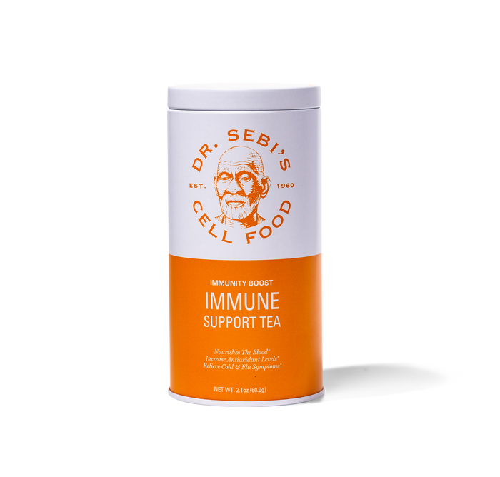 Dr. Sebi's Immune Support Tea in an orange and white cylindrical container, 2.1 oz net weight.