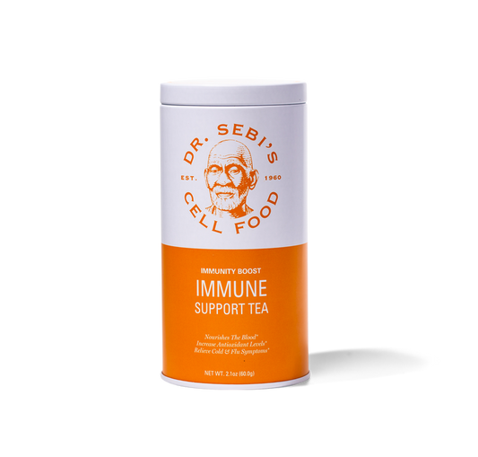 Dr. Sebi's Immune Support Tea in an orange and white cylindrical container, 2.1 oz net weight.