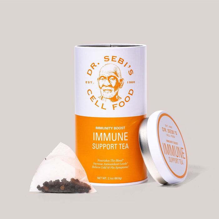 Dr. Sebi's Immune Support Tea with loose tea bag and container on neutral background.