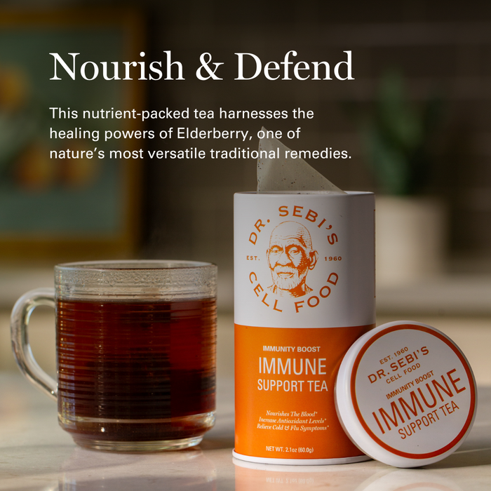 Dr. Sebi's Immune Support Tea with brewed cup and packaging displayed on wooden surface.