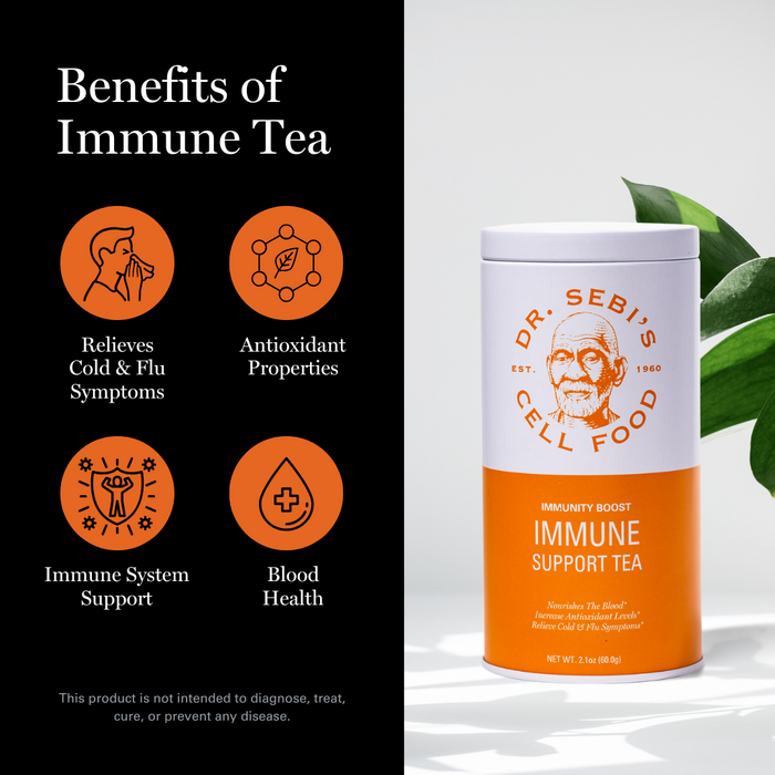 Dr. Sebi's Immune Support Tea container with benefits infographic highlighting cold relief, antioxidants, immune support, ...