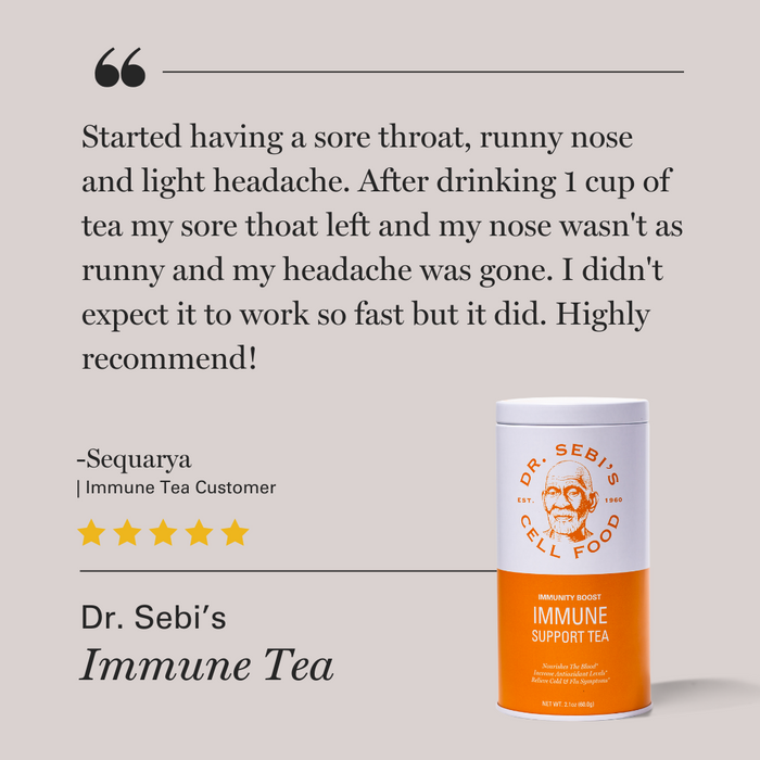 Customer testimonial for Dr. Sebi's Immune Support Tea showing five-star review and product container.