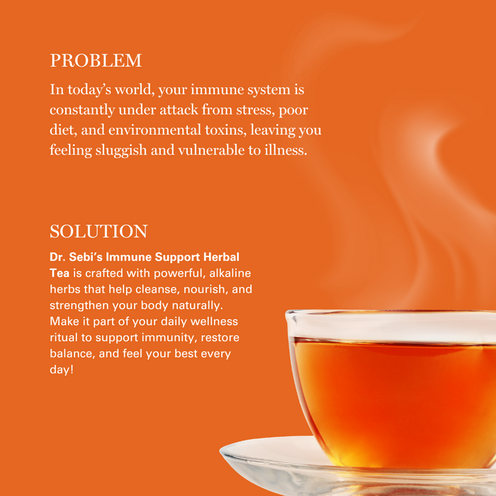 Dr. Sebi's Immune Support Herbal Tea in a glass cup against an orange wellness background.