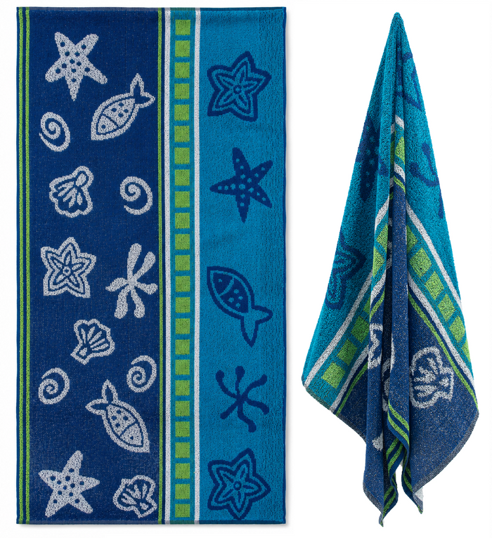 Jacquard Beach Towel 75 x 150cm - Starfish, Blue - Cotton Rich