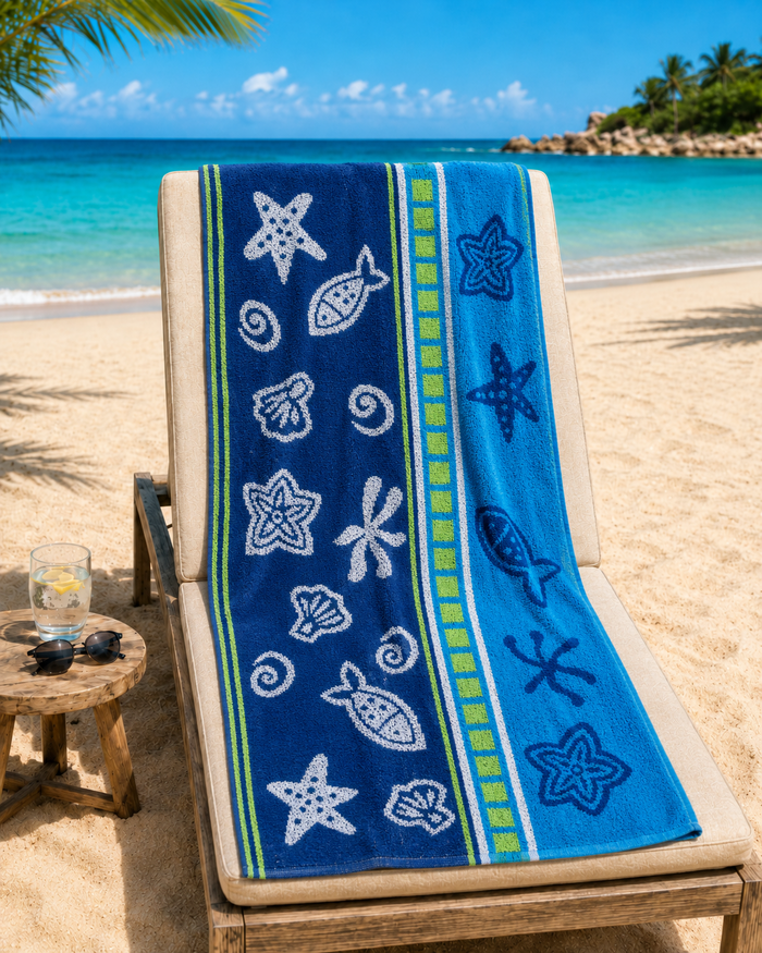 Jacquard Beach Towel 75 x 150cm - Starfish, Blue - Cotton Rich