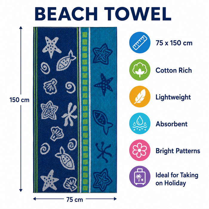 Jacquard Beach Towel 75 x 150cm - Starfish, Blue - Cotton Rich