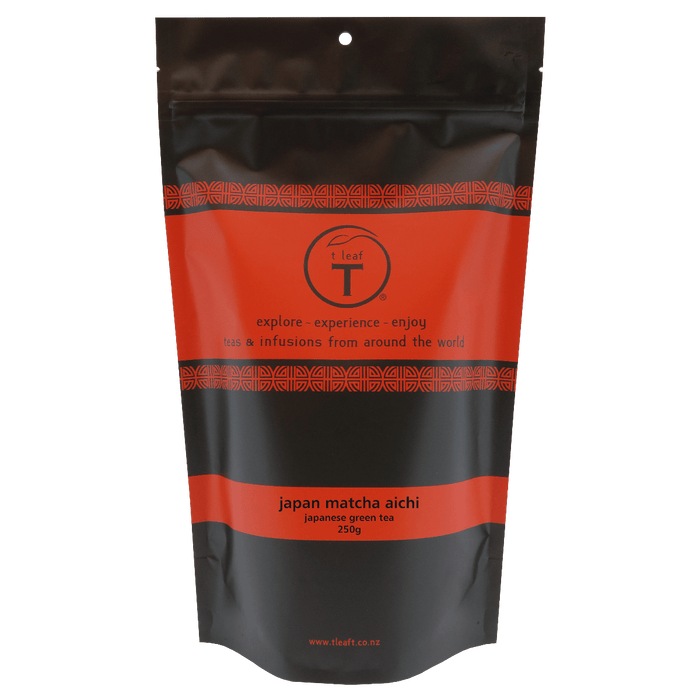 Japan matcha aichi 100g foil pouch + tin detail view | loose leaf tea New Zealand | t leaf T