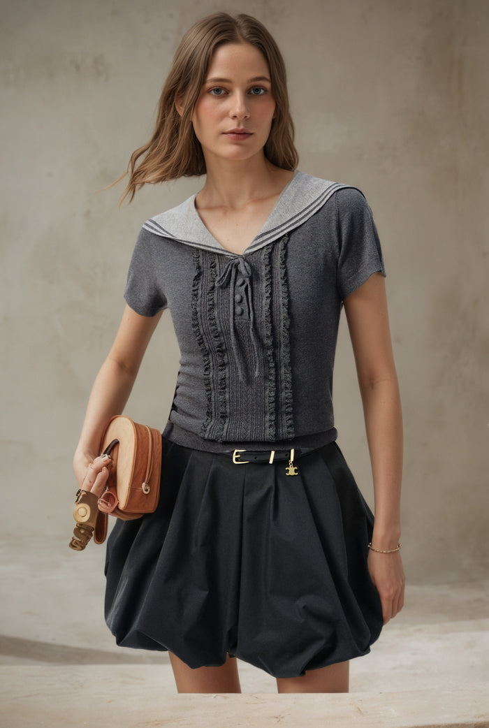 Kari Grey Sailor Collar Knit Tops