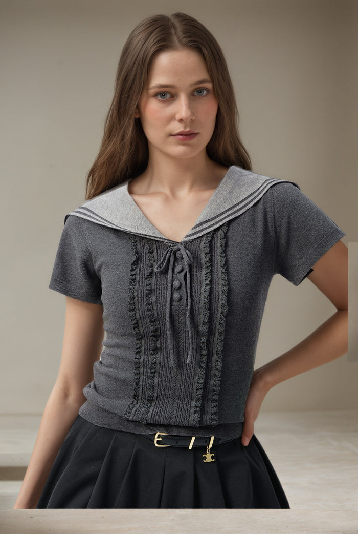 Kari Grey Sailor Collar Knit Tops