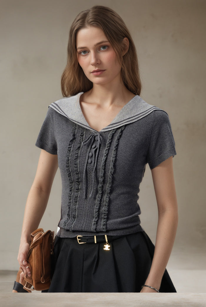 Kari Grey Sailor Collar Knit Tops
