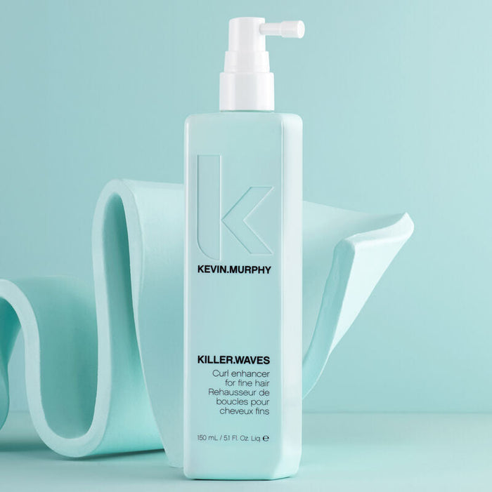 Kevin Murphy Killer Waves styling product in a 150ml bottle with a light blue geometric background.