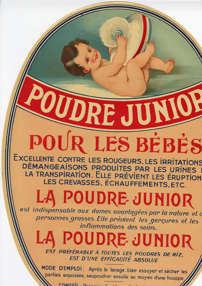 Large Antique French Poudre Junior BABY POWDER Label, Nursery, Daycare