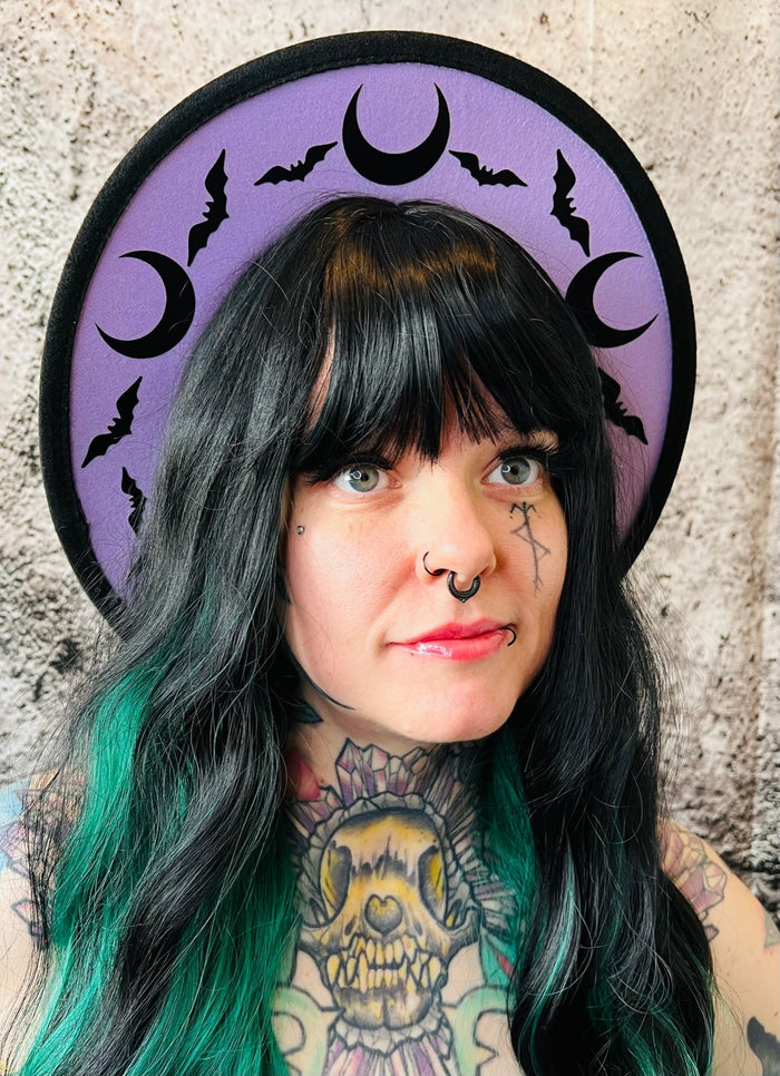 Vegan Felt Wide Brim Hat - "Lavender Bat Moon" -  -
